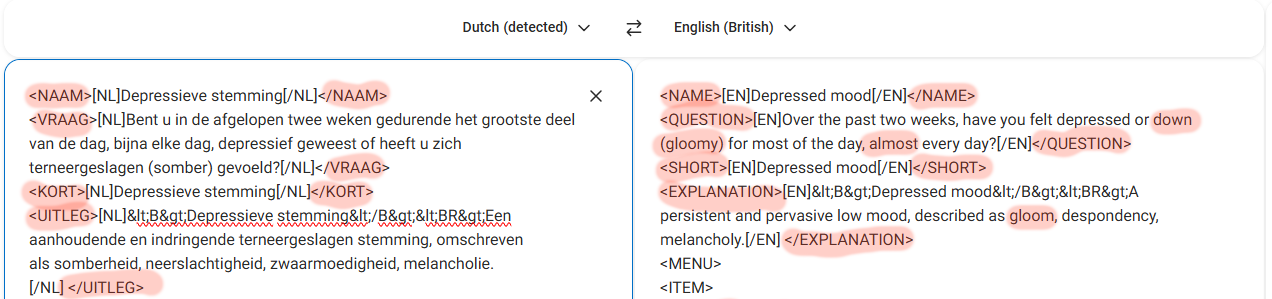 DeepL translates XML tag names — NAAM becomes NAME, VRAAG becomes QUESTION